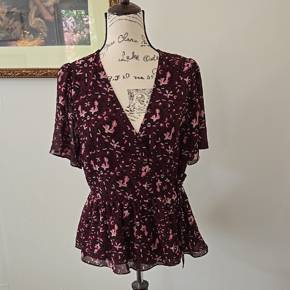 Madewell Floral V-Neck Blouse - Burgundy and Pink, Wrap Style
